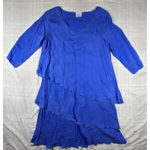 CLICK Color Me Cotton Cupro 3/4 Sleeve Asymmetrical Tiered Dress Blue S